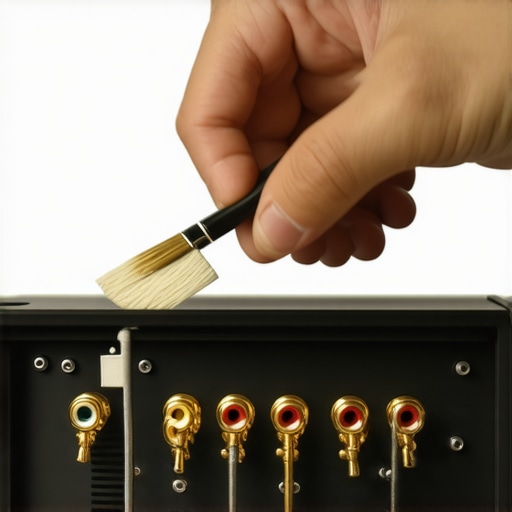 Hand cleaning gold-plated speaker terminals with a precision brush to remove oxidation.