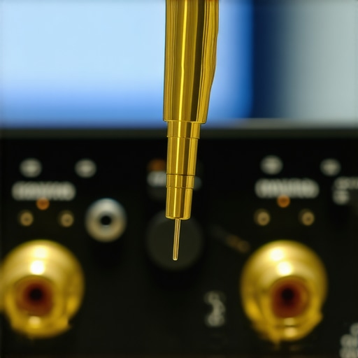 A technician applying contact cleaner to a gold-plated RCA plug with a precision pen.