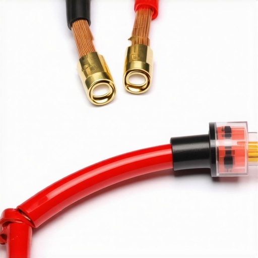 Close-up of 4-gauge OFC copper power cables and fuse holder for car amplifier