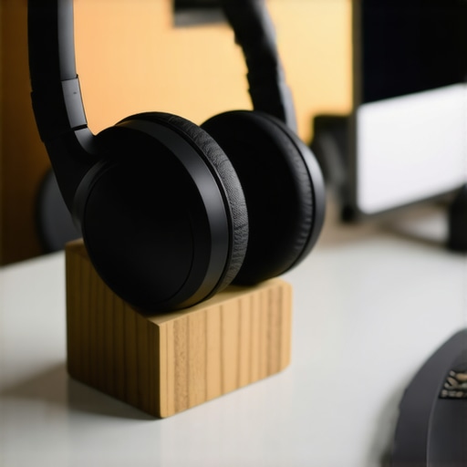 Premium Headphones on a Wooden Stand Wireless headphones stored properly on a wooden stand to prevent wear and tear.