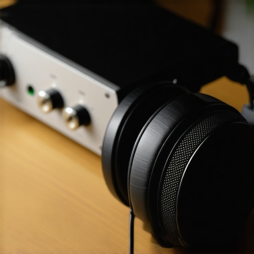 Premium Open-Back Headphones on Wooden Desk Close-up of high-end open-back headphones showing the outer mesh grille and premium design
