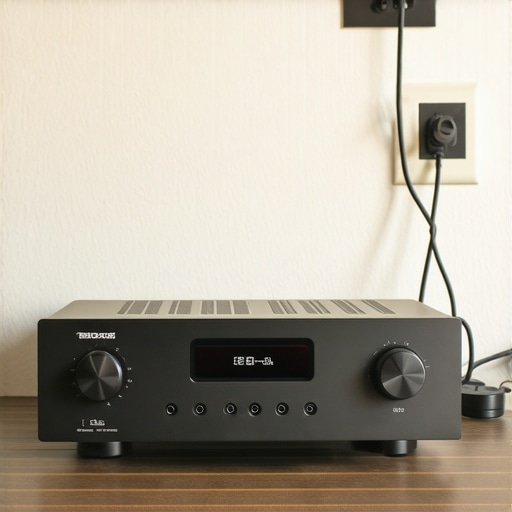 A close-up of a high-end stereo amplifier plugged directly into a wall outlet for maximum current delivery
