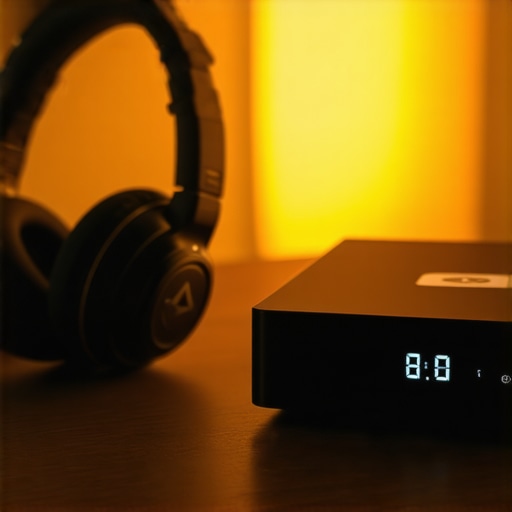 Premium desktop audio setup with DAC and headphones A modern desktop audio setup featuring high-end wireless headphones and a DAC unit under warm ambient light.