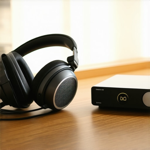 Premium open-back headphones on a desktop audio setup A pair of high-end open-back headphones placed next to a desktop DAC and amplifier on a wooden surface.