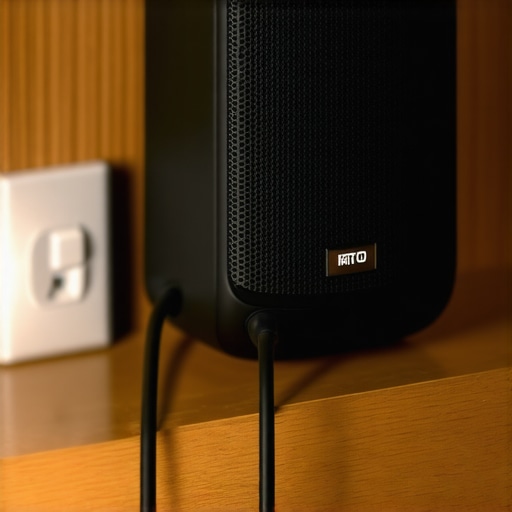 A high-quality portable speaker receiving direct power from a wall adapter to maximize audio performance.
