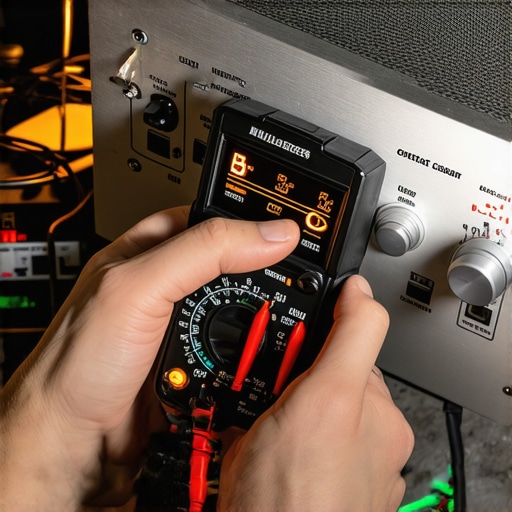 Close up of multimeter testing a vintage receiver circuit board.