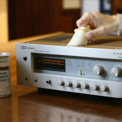 Close up of a person cleaning a vintage stereo receiver with professional tools