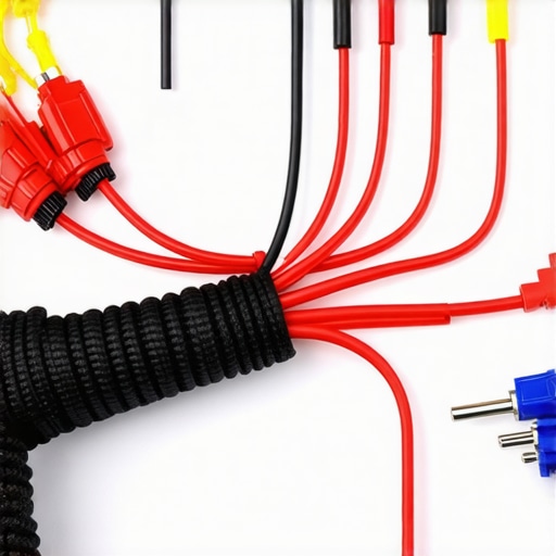 Close-up of car audio power and signal cables crossing at 90 degrees with professional cable management.