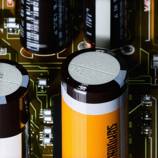 Professional Amplifier Internal Circuitry Close up of capacitors and internal components of a high-power audio amplifier.