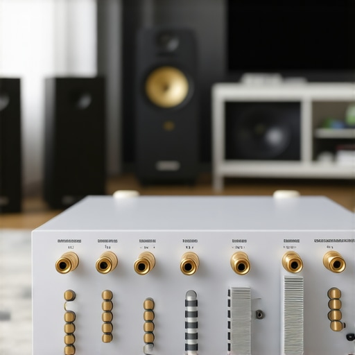 Close-up of a high-end audio amplifier showing connectors and speaker wires for a 2.1 system.