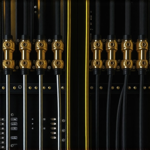 Professional Audio Cable Management Close up of thick speaker wires connected to a high-end amplifier with gold terminals