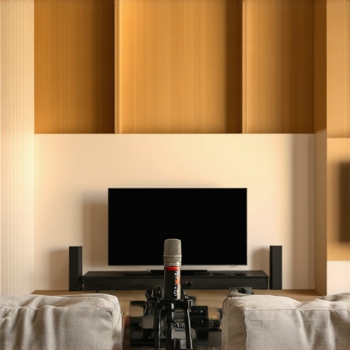 A calibration mic used to measure room acoustics in a large vaulted living room.