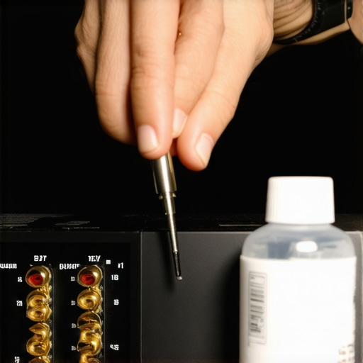 Close-up of cleaning gold-plated RCA connectors on a stereo amplifier
