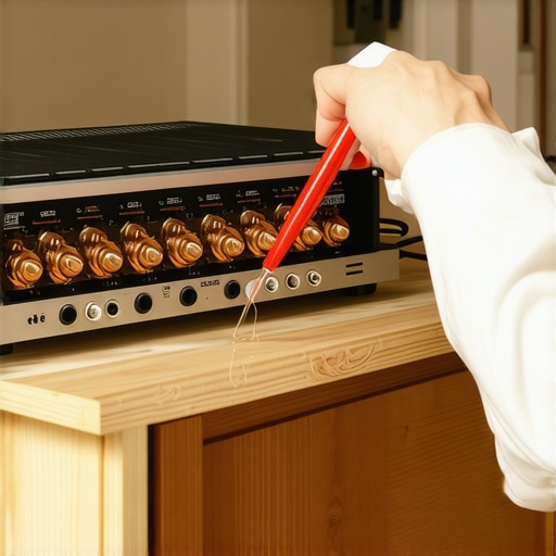 Technician cleaning the internal electronics of a home audio amplifier to remove oxidation and static noise.