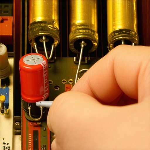 Professional Audio Equipment Maintenance with Multimeter Macro view of amplifier electronics being tested with a multimeter probe.