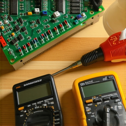 Close-up of tools used for maintaining high-end audio equipment including a multimeter and soldering iron.