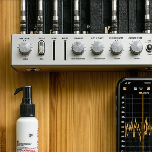 A technician's workspace with cleaning supplies and a phone app for measuring speaker frequency response.