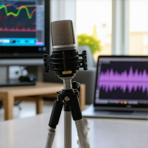 A calibrated microphone and laptop running Room EQ Wizard to measure speaker performance.