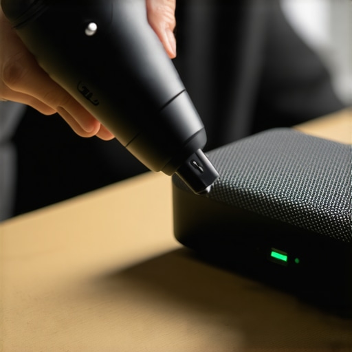 A person cleaning a USB-C port on a portable speaker with precision tools.