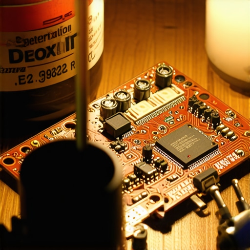 Close up of soldering iron and contact cleaner on a vintage audio circuit board.