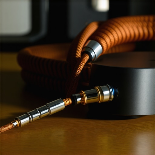 Professional Audio Signal Chain and Amplification Setup A high-end headphone amplifier and thick copper audio cables demonstrating professional connectivity.