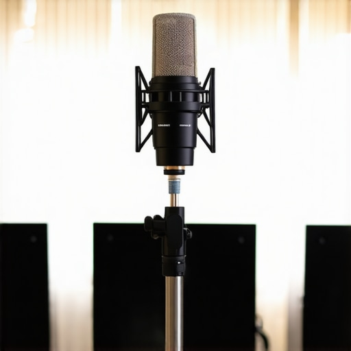 A measurement microphone on a tripod used for tuning home theater bass.