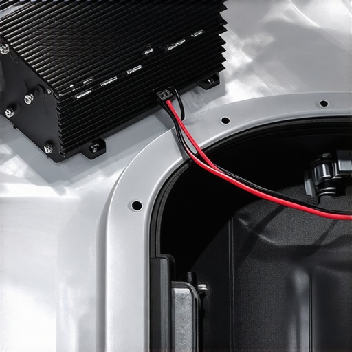 Professional Car Amp Grounding Connection Close up of a car amplifier ground wire bolted to clean bare metal to prevent subwoofer popping.