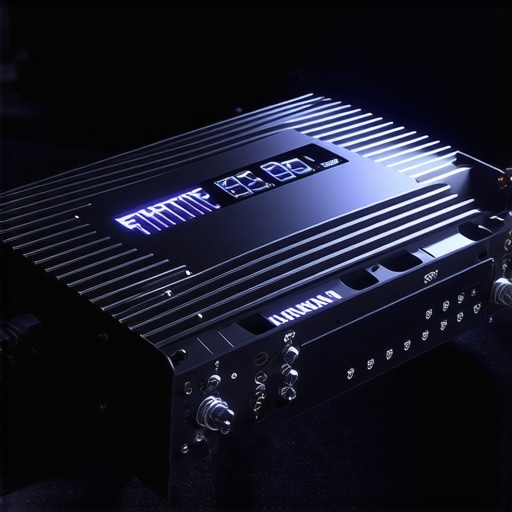 Close-up of a car amplifier with heat sinks in a vehicle trunk
