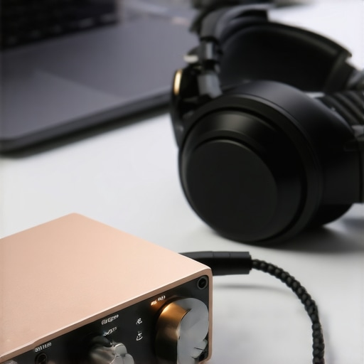 A compact external DAC connected to a laptop and headphones on a desk