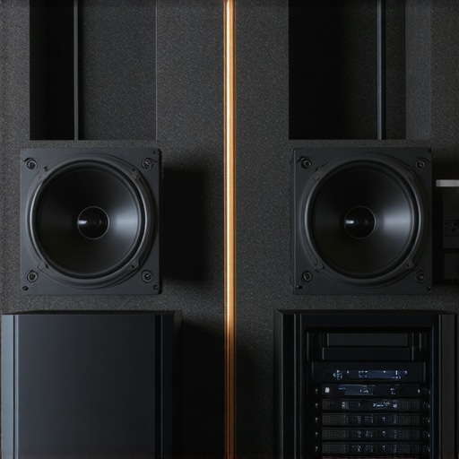 A professional home theater setup with dual subwoofers and acoustic treatment for optimized bass.