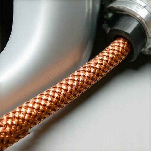 Professional Engine Grounding Connection Close up of a braided copper ground strap on a car chassis to prevent engine noise