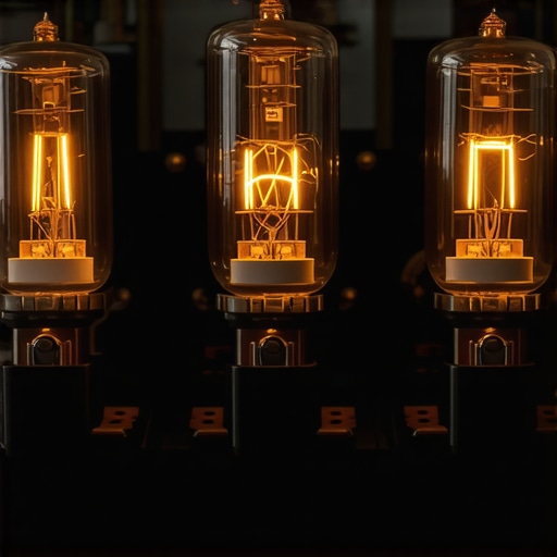 High-end audio amplifier internal components glowing with warm light.