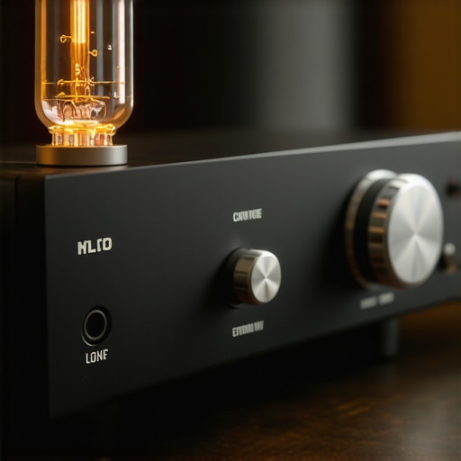 Professional Headphone Amplifier Setup A high-end vacuum tube headphone amplifier on a wooden desk providing power to high-impedance headphones.