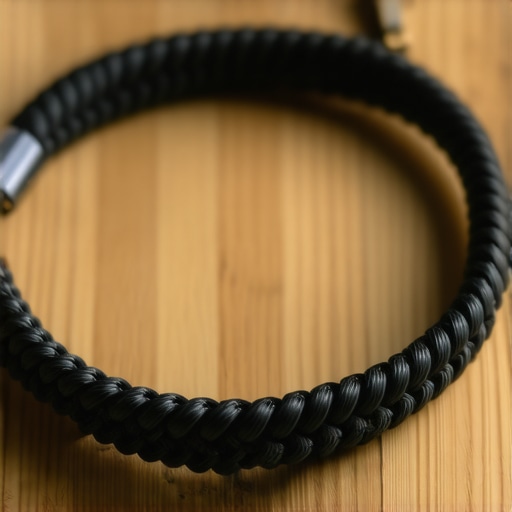A hand demonstrating the correct over-under method to coil a premium braided headphone cable flat on a desk.