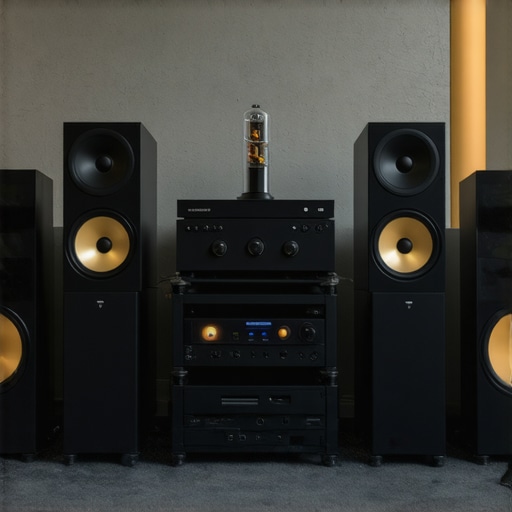 A sophisticated home audio system with tube amplifiers and dual subwoofers in a treated listening room.