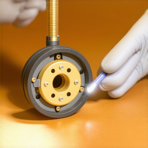 A close-up view of a technician inspecting a headphone driver for physical damage or debris.
