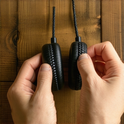 Hands wrapping a black braided headphone cable using the professional over-under method on a wooden desk