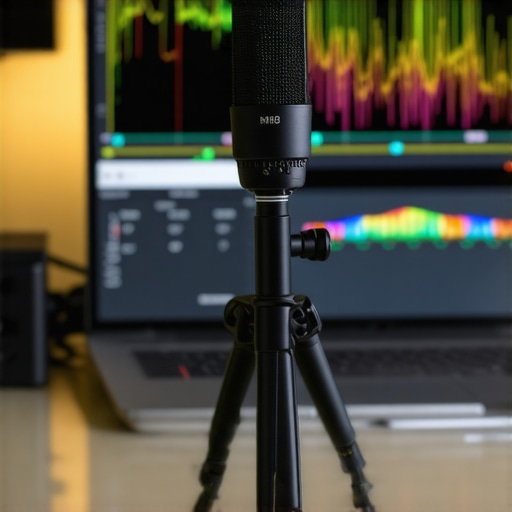 A measurement microphone and laptop running REW software for home audio calibration.