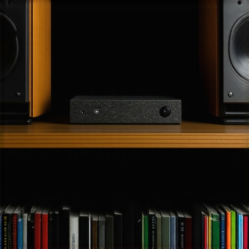Professional Speaker Isolation Pads on Desk A pair of bookshelf speakers resting on foam isolation pads to prevent acoustic desk reflections.