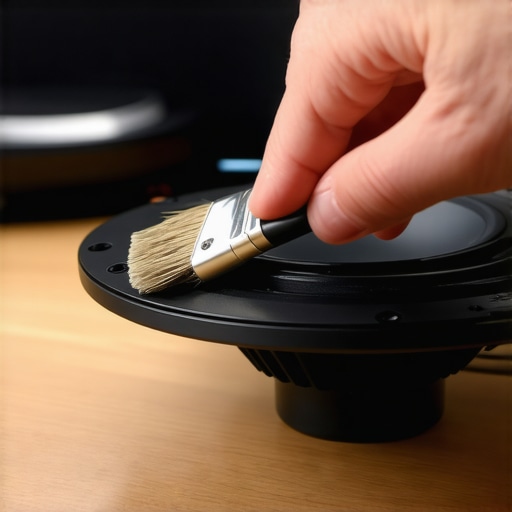A person cleaning a speaker cone with a soft brush to maintain audio quality.