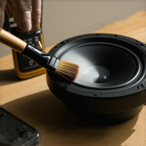 Close up of cleaning speaker cone with maintenance tools in background
