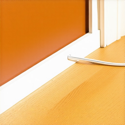 A clean installation of a white cable raceway on a baseboard to hide audio wires.
