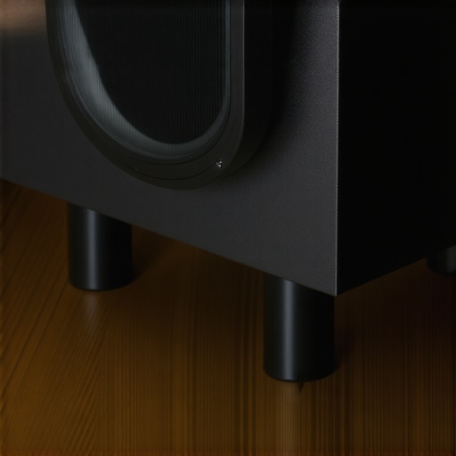 Professional Subwoofer Isolation Feet Close-up of high-density rubber isolation feet decoupling a subwoofer from a hardwood floor.