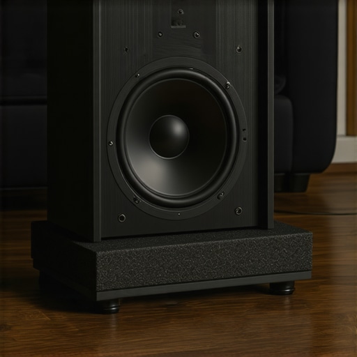 Professional Subwoofer Isolation Setup Subwoofer on a dedicated isolation platform to prevent floor vibrations and furniture rattling.