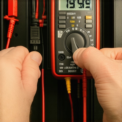 Professional Testing of Car Amplifier Voltage A technician using a multimeter to check car audio amplifier settings to prevent overheating.