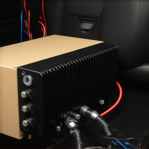 Car amplifier mounted on a riser under a seat with neat wiring loom.