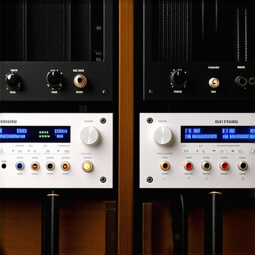 Two audio amplifiers stacked on a ventilated wooden rack
