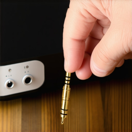 Professional audio adapter and headphone connection Close-up of a headphone jack being plugged into an airplane adapter on a wooden surface.
