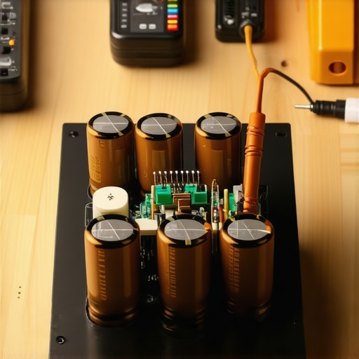 Internal view of a high-end audio amplifier being inspected with a multimeter on a workshop bench