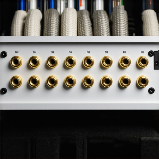 High-quality gold-plated connectors plugged into a premium amplifier showing clean cable management.